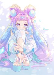  1girl absurdres air_bubble aqua_sandals artist_name blue_eyes blue_hair bubble clothing_cutout covered_mouth crossed_ankles cure_la_mer gradient_hair hashtag-only_commentary highres hugging_own_legs laura_la_mer leggings light_blush lilylily0601 long_hair long_sleeves looking_at_viewer magical_girl multicolored_eyes multicolored_hair pearl_hair_ornament pink_eyes pink_hair precure sandals shirt shoulder_cutout sitting solo tropical-rouge!_precure twitter_username two-tone_hair very_long_hair white_leggings white_shirt 