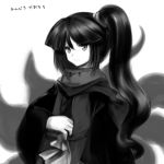  adagumo_no_yaorochi androgynous black_hair detached_sleeves expressionless grey_eyes hakama japanese_clothes len&#039;en long_hair monochrome multiple_tails ponytail raruto_(artist) scarf side_ponytail snake_tail solo tail weapon 