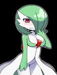  black_background blush breasts cleavage commentary_request gardevoir hair_over_one_eye looking_down nishiki_mikado no_humans outline pokemon pokemon_(creature) red_eyes simple_background solo wavy_mouth 