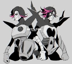  1boy android arm_cannon character_name closed_mouth commentary_request cropped_legs dual_persona glowing glowing_eyes greyscale highres holding holding_microphone male_focus mettaton mettaton_ex mettaton_neo microphone monochrome narrowed_eyes neg_50asu short_hair smile spot_color undertale utdr_(toby_fox) weapon 