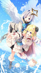  2girls absurdres ahoge amane_kanata angel angel_wings animal_ears asymmetrical_bangs bell_sleeves black_boots black_skirt blonde_hair blue_bow blue_bowtie blue_hair blue_sky bob_cut boots bow bowtie breasts brooch cape carrying carrying_person city clouds colored_inner_hair commentary_request creature curled_horns detached_sleeves dress feathered_wings frilled_skirt frilled_sleeves frills fur-trimmed_boots fur-trimmed_cape fur-trimmed_sleeves fur_collar fur_trim grey_hair hair_ornament hair_ribbon hairclip halo highres hololive horns jacket jewelry large_breasts long_hair long_sleeves mintxnao multicolored_hair multiple_girls open_mouth parallel_hairclips pink_cape pink_hair pink_ribbon print_socks ribbon sheep_ears sheep_girl sheep_horns short_hair skirt sky sleeves_past_wrists socks star_halo streaked_hair striped_clothes striped_socks tsunomaki_watame turtleneck violet_eyes virtual_youtuber watamate white_dress white_jacket white_wings wings 