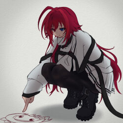  1girl ???_(assault_lily) ahoge ankle_boots assault_lily belt belt_buckle between_legs black_belt black_boots black_pantyhose blue_eyes boots buckle chest_harness commentary_request digamma drawing_(object) full_body gradient_background grey_background hand_between_legs harness heterochromia highres huge_ahoge ichinomiya_michaela_himari long_hair long_sleeves looking_at_object looking_down miniskirt pantyhose parted_lips pleated_skirt red_eyes red_hair shirt shoe_belt skirt sleeves_past_wrists solo squatting striped_clothes striped_skirt tiptoes turtleneck turtleneck_shirt very_long_hair white_shirt white_skirt 