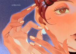  1girl artist_name blue_background blush brown_eyes brown_hair closed_mouth earrings hair_ornament hairclip hashtag-only_commentary highres jewelry komatsu_nana lix_(sanlixus) nail_polish nana_(series) pearl_earrings pink_lips putting_on_earrings putting_on_jewelry solo updo upper_body white_nails 