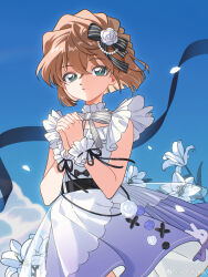  1girl absurdres bisho_imobing_hito black_ribbon blue_sky brown_hair commentary_request dress flower green_eyes haibara_ai highres looking_at_viewer meitantei_conan outdoors own_hands_clasped own_hands_together parted_lips ribbon rose short_hair sky sleeveless sleeveless_dress solo striped_ribbon upper_body white_dress white_flower white_lily white_rose wrist_cuffs 
