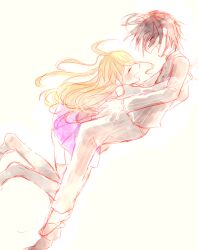  1boy 1girl ^_^ ahoge akamatsu_kaede black_hair black_jacket black_pants black_shoes black_socks blonde_hair buttons closed_eyes collared_jacket commentary_request couple danganronpa_(series) danganronpa_v3:_killing_harmony dress_shoes eyelashes floating_hair from_side gakuran gomabu_(rirurutennsi) grey_shirt hair_ornament hairclip happy hetero high_collar hug jacket layered_sleeves leaning_forward light_blush long_hair long_sleeves miniskirt musical_note musical_note_hair_ornament no_shoes open_mouth over-kneehighs pants pink_vest pinstripe_jacket pinstripe_pants pinstripe_pattern pleated_skirt pointy_nose purple_skirt saihara_shuichi school_uniform shirt shoes short_hair sidelocks simple_background skirt smile socks thigh-highs vest white_background 