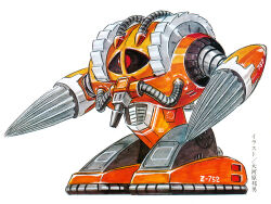  1970s_(style) 1980s_(style) agg cable cannon chest_cannon colored_lineart commentary_request drill_hand gundam magazine_scan mecha mecha_focus mobile_suit mobile_suit_gundam no_humans official_art one-eyed ookawara_kunio red_eyes retro_artstyle robot scan science_fiction sketch solo traditional_media zeon 