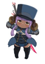  1girl absurdres blue_hat closed_mouth commission commissioner_upload dark-skinned_female dark_skin final_fantasy final_fantasy_xiv hat highres lalafell long_hair looking_at_viewer pixiv_commission purple_hair shelldy transparent_background warrior_of_light_(ff14) 