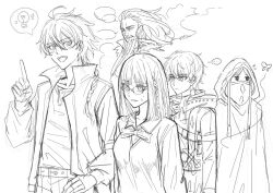  ... 2girls 3boys ahoge baixiang1234567 beard braid bug captain_(fate/strange_fake) closed_eyes commentary_request covered_mouth facial_hair fate/strange_fake fate_(series) glasses highres hood hood_down hood_up index_finger_raised jacket light_bulb long_hair looking_at_another monochrome mouth_veil multiple_boys multiple_girls no_name_assassin_(fate) old old_man open_clothes open_jacket open_mouth richard_i_(fate) richard_i_(second_ascension)_(fate) sajou_ayaka_(fate/strange_fake) scarf short_hair sigma_(fate) spoken_light_bulb sweatdrop torn_clothes torn_scarf veil 