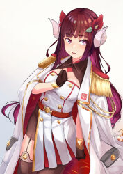 1girl asymmetrical_clothes asymmetrical_dress azur_lane belt black_gloves breasts buttons coat coat_on_shoulders colored_inner_hair commentary_request curled_horns dress flower gloves hair_flower hair_ornament hand_on_own_chest highres horns large_breasts light_blush light_smile long_hair long_sleeves multicolored_hair red_belt red_flower shochiku simple_background single_leg_pantyhose single_thighhigh skirt solo suruga_(azur_lane) thigh-highs thighs two-tone_hair violet_eyes white_background white_dress white_skirt 