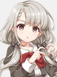  1girl black_ribbon blush bow bowtie braid braided_bangs brown_eyes chestnut_mouth commentary_request four-finger_heart_hands grey_background grey_hair hair_ribbon heart heart_hands highres hisakawa_nagi idolmaster idolmaster_cinderella_girls long_hair long_sleeves looking_at_viewer low_twintails naruse_nagi red_bow red_bowtie ribbon simple_background solo twintails upper_body 