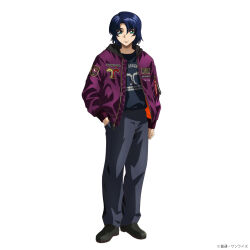  1boy athrun_zala black_shirt black_shoes blue_hair bomber_jacket copyright_notice full_body green_eyes grey_pants gundam gundam_seed gundam_seed_freedom hand_in_pocket highres hood hood_down hooded_jacket jacket long_sleeves looking_at_viewer male_focus official_art open_clothes open_jacket pants promotional_art purple_jacket shirt shoes short_hair simple_background smile solo standing white_background 