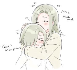  >_< 2girls ^_^ arm_around_neck blush chloe_taylor closed_eyes commentary_request english_text flying_sweatdrops hand_on_another's_head heart highres hug hug_from_side ishimochi_(daleka333) kissing_head love_live! love_live!_nijigasaki_high_school_idol_club love_live!_nijigasaki_high_school_idol_club_the_movie_-_finale mia_taylor multiple_girls open_mouth shirt siblings simple_background sisters sweater turtleneck turtleneck_sweater upper_body white_background white_shirt white_sweater 