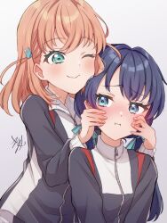  2girls :i ;) black_jacket blue_eyes blue_hair blue_ribbon blush cheek_press closed_mouth commentary_request hair_ornament hair_ribbon hands_on_another's_cheeks hands_on_another's_face hasu_no_sora_gym_uniform highres hinoshita_kaho jacket kyaku_tasu link!_like!_love_live! long_sleeves love_live! low_twintails medium_hair multiple_girls murano_sayaka one_eye_closed orange_hair rabbit_hair_ornament ribbon signature smile track_jacket twintails two_side_up upper_body virtual_youtuber 