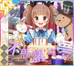  1girl :3 :d album_cover alice's_adventures_in_wonderland alice_(alice_in_wonderland) alice_(alice_in_wonderland)_(cosplay) analog_clock apron ascot black_bow black_hat blue_bow blue_bowtie blue_dress blunt_bangs blush blush_stickers bow bowtie brown_hair cake candle chair chess_piece chessboard clock closed_eyes cosplay cover cup day dot_nose dress ear_bow food game_cg gem green_ascot green_bow hair_bow hat heart holding holding_teapot idol_wars macaron mad_hatter_(alice_in_wonderland) mad_hatter_(alice_in_wonderland)_(cosplay) medium_hair mika-chan momose_megu official_art on_chair open_mouth orange_skirt outdoors pinafore_dress plaid_clothes plaid_skirt puffy_short_sleeves puffy_sleeves queen_(chess) red_eyes red_gem rook_(chess) saucer short_sleeves sidelocks sitting skirt sleeveless sleeveless_dress smile stopwatch straight-on striped_bow striped_bowtie striped_clothes stuffed_animal stuffed_rabbit stuffed_toy sugar_cube teacup teapot teddy_bear teeth third-party_source tilted_headwear top_hat translated tree upper_teeth_only white_apron white_rabbit_(alice_in_wonderland) wicker_basket yellow_bow 