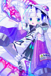  1girl :o blunt_bangs blush commentary dress english_commentary green_eyes grey_thighhighs highres long_hair long_sleeves looking_at_viewer open_mouth original shoes simple_background sleeves_past_fingers sleeves_past_wrists snake sneakers solo thigh-highs usa_motou watermark white_background white_dress white_hair white_shoes 