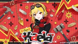  1girl :d absurdres black_coat black_scarf blonde_hair bow character_name chest_harness coat commentary_request copyright_notice crop_top cropped_sweater gloves goggles goggles_on_head hair_bow hairband hammer hand_up harness highres hololive hololive_dreams hololive_indonesia kaela_kovalskia kaela_kovalskia_(4th_costume) long_sleeves looking_at_viewer medium_hair navel official_art open_mouth red-tinted_eyewear red_background red_bow red_eyes red_gloves red_hairband red_sweater ribbed_sweater scarf single_glove smile solo star_(symbol) sweater teeth tinted_eyewear upper_body upper_teeth_only virtual_youtuber 