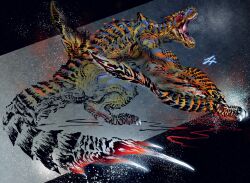  absurdres breath calligraphy_brush_(medium) claws commentary_request deadpool_yuchan dragon full_body glowing glowing_eyes highres horns monster monster_focus monster_hunter_(series) no_humans nostrils open_mouth partially_colored red_eyes roaring scales sharp_teeth signature solo spiked_tail tail teeth tigrex veins winged_arms wings wyvern 