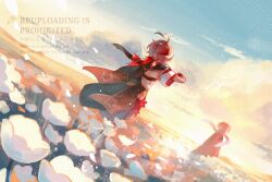  2boys antenna_hair arm_up artist_name black_haori black_scarf blonde_hair blue_scarf clouds commentary_request facing_away field flower flower_field genshin_impact glint gradient_sky haori jagabokkuru japanese_clothes kaedehara_kazuha kazuha's_friend_(genshin_impact) kimono leaf_print light_particles low_ponytail male_focus maple_leaf_print medium_hair multicolored_hair multiple_boys outdoors petals ponytail red_haori red_scarf red_streaks scarf short_sleeves signature sky standing streaked_hair sunset vision_(genshin_impact) watermark white_flower white_hair white_kimono 