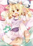  1girl absurdres animal_ears big_bad_wolf_(cosplay) blonde_hair bloomers braid chemise dorowa_no_hito fangs gloves highres kirisame_marisa little_red_riding_hood lying mushroom on_back open_mouth paw_gloves paw_shoes pillow shirt single_braid solo star star-shaped_pupils symbol-shaped_pupils tail touhou underwear wolf_ears wolf_tail yellow_eyes 