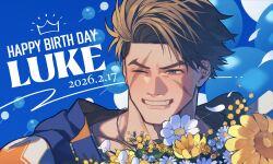  1boy balloon blue_eyes brown_hair commentary_request daisy_(flower) dated flower forked_eyebrows grin happy_birthday highres lily_of_the_valley luke_sullivan male_focus multiple_scars one_eye_closed prat_rat scar scar_across_eye scar_on_cheek scar_on_face short_hair shoulder_tattoo sleeveless sleeveless_jacket smile solo star_(symbol) street_fighter street_fighter_6 tattoo white_flower yellow_flower 