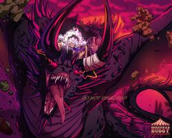  alternate_form boneheadbuggy curly_eyebrows devil_fruit_power dragon fangs flying gear_fifth glowing glowing_eyes hagoromo highres horns loki_(one_piece) monkey_d._luffy one_piece open_mouth purple_sash ragnir_(one_piece) red_eyes riding sash sharp_teeth shawl smile spoilers squirrel teeth tongue tongue_out waist_sash white_hair wings 