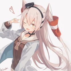 1girl absurdres amatsukaze_(kancolle) blush brown_dress choker commentary_request dress fang grey_background grey_hair grey_jacket hair_between_eyes hair_tubes highres jacket japan_maritime_self-defense_force japan_self-defense_force kantai_collection koshka_pic long_hair long_sleeves looking_at_viewer one_eye_closed open_clothes open_jacket open_mouth sailor_collar sailor_dress simple_background skin_fang solo twitter_username two_side_up v v_over_eye very_long_hair white_sailor_collar