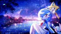  1girl 1other alternate_color ascot backlighting blue_eyes blue_skin blue_sky blush chisen_maimai city_lights closed_mouth clouds colored_skin commentary_request covered_eyes flat_chest floating full_body gardevoir hair_over_eyes happy hatenna highres jirachi libra_(symbol) looking_at_viewer multicolored_skin night open_mouth orange_eyes outdoors partially_submerged pokemon pokemon_(creature) ripples shiny_pokemon sitting sky smile star_(sky) star_(symbol) starry_sky symbol-shaped_pupils two-tone_skin water white_ascot white_skin 