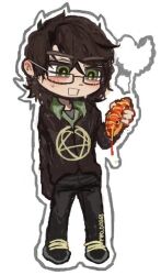  1boy :d ahoge animification arm_at_side artist_name black-framed_eyewear black_hair black_jacket black_pants black_shoes blush bright_pupils collared_shirt commentary deformed english_commentary fewer_digits full_body glasses green_eyes green_pupils green_shirt hair_between_eyes hand_up heart hot_dog jacket jitome ketchup looking_at_food mad_dog68 male_focus medium_hair mustard open_mouth outline pants real_life rectangular_eyewear robert_hawkins shirt shoes simple_background smile solo standing star_(symbol) sweat thick_eyebrows true_crime white_background white_outline 