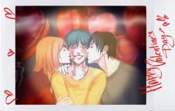  2girls green_hair happy_valentine highres jujutsu_kaisen kiss kissing_cheek kugisaki_nobara lumen_sky multiple_girls orange_hair1boy scar scar_on_face valentine zen'in_maki zen'in_maki_(post_shibuya) 