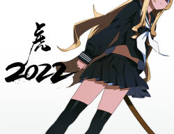  1girl 2022 aisaka_taiga black_serafuku brown_eyes brown_hair commentary kinggainer long_hair long_sleeves neckerchief oohashi_high_school_uniform school_uniform serafuku simple_background solo sword thigh-highs toradora! weapon white_neckerchief wooden_sword 
