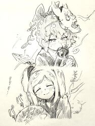  2girls absurdres alternate_costume blush bow candy_apple cirno closed_eyes closed_mouth commentary_request commission daiyousei detached_wings eating fairy fairy_wings fanning food hair_bow hand_fan happi highres holding holding_candy_apple holding_fan holding_food ice ice_wings japanese_clothes mask mask_on_head menotama multiple_girls one_side_up skeb_commission summer_festival sweat touhou traditional_media translation_request wings 