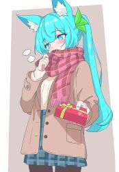  1girl absurdres animal_ear_fluff animal_ears aqua_eyes aqua_hair aqua_nails blush border bright_pupils brown_background brown_jacket brown_pantyhose brown_sweater commentary_request cowboy_shot eggplant7217 fingernails gift green_skirt hand_up highres holding holding_gift jacket long_hair long_sleeves looking_to_the_side misaki_(eggplant7217) mole mole_under_eye nail_polish original pantyhose pleated_skirt ponytail scarf simple_background skirt solo striped_clothes striped_scarf striped_skirt sweater white_border white_pupils 