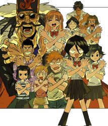  5girls 6+boys :d :o arisawa_tatsuki asano_keigo beard_stubble black_eyes black_hair black_skirt bleach blue_pants blush bow bowtie brown_eyes brown_hair closed_eyes closed_mouth collared_shirt commentary_request crossed_arms dark-skinned_male dark_skin diagonal-striped_clothes diagonal-striped_necktie don_kanonji facial_hair facing_viewer hair_between_eyes hair_ornament hair_over_eyes hairclip hat highres inoue_orihime kojima_mizuiro kuchiki_rukia kurosaki_ichigo kurosaki_isshin kurosaki_karin kurosaki_yuzu long_hair long_sleeves looking_at_viewer multiple_boys multiple_girls mustache necktie open_mouth orange_hair pants pink_shirt pleated_skirt purple_shirt red_bow red_bowtie sado_yasutora school_uniform shirt short_hair short_sleeves skirt smile spiky_hair striped_clothes striped_shirt stubble sunglasses sweatdrop teeth tongue white_shirt xi_luo_an_ya yellow_skirt 