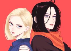  1boy 1girl android_17 android_18 bandana bandana_around_neck black_hair black_shirt blonde_hair blue_eyes blue_jacket brother_and_sister close-up collared_jacket denim denim_jacket dragon_ball dragon_ball_z earrings jacket jewelry looking_at_viewer mika_yamamori orange_bandana parted_bangs red_background shirt short_hair siblings simple_background sleeveless sleeveless_jacket striped_clothes striped_shirt torn_clothes torn_sleeves 