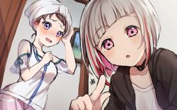  2girls black_choker black_jacket bob_cut breasts choker colored_inner_hair commentary_request diagonal_bangs embarrassed fujishima_megumi fujishima_megumi_(summer_training_wear) highres hood hooded_jacket inverted_bob jacket kyaku_tasu link!_like!_love_live! looking_at_viewer love_live! medium_breasts multicolored_hair multiple_girls o-ring o-ring_choker off-shoulder_shirt off_shoulder open_clothes open_jacket pointing pointing_at_viewer purple_hair raised_inner_eyebrows red_streaks shirt short_hair signature sleeveless sleeveless_shirt streaked_hair sweatdrop towel towel_on_head virtual_youtuber wavy_mouth white_hair white_shirt yugiri_tsuzuri yugiri_tsuzuri_(summer_loungewear) 