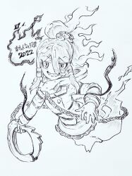  1girl chain commentary_request cuffs full_body ghost_tail gloves greyscale grin hair_ornament hair_tubes handcuffs holding holding_handcuffs long_hair long_sleeves looking_at_viewer menotama miyadeguchi_mizuchi monochrome multi-source_commentary ponytail prison_clothes sharp_teeth shirt skirt skull_hair_ornament smile solo striped_clothes striped_shirt striped_skirt teeth touhou touhou_18th_popularity_poll traditional_media translation_request 