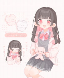  1girl :3 :d black_hair blunt_bangs blush bow bowtie closed_eyes closed_mouth collared_shirt colored_inner_hair commentary_request feet_out_of_frame grey_skirt grey_sweater heart highres hitose_rei holding holding_stuffed_toy hood hooded_jacket invisible_chair jacket long_hair long_sleeves looking_at_viewer miniskirt multicolored_hair multiple_views open_clothes open_jacket open_mouth original pink_bow pink_bowtie pink_eyes pink_hair pleated_skirt puffy_long_sleeves puffy_sleeves school_uniform shirt simple_background sitting skirt smile stuffed_animal stuffed_rabbit stuffed_toy sweater tareme translation_request twitter_username two-tone_hair u_u white_background white_jacket white_shirt 