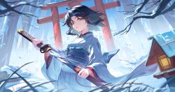  1girl absurdres ahoge blue_eyes brown_hair chinese_commentary commentary cowboy_shot enoharatoki floral_print floral_print_kimono highres holding holding_sword holding_weapon japanese_clothes kara_no_kyoukai katana kimono long_sleeves looking_at_viewer obi obiage obidome obijime outdoors parted_lips print_kimono ryougi_shiki sash sheath short_hair snow solo sword torii tree unsheathing void_shiki weapon white_kimono 