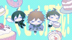  >_< 3boys :o ahoge black_jacket black_pants blush brown_hair chibi commentary_request danganronpa:_trigger_happy_havoc danganronpa_(series) danganronpa_2:_goodbye_despair danganronpa_v3:_killing_harmony doughnut food green_background highres hinata_hajime jacket male_focus misa_(usaginosakura) multiple_boys pants saihara_shuichi shirt short_hair short_sleeves striped_clothes striped_jacket striped_pants white_background white_shirt 