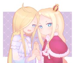  2girls beatrice_(re:zero) blonde_hair blue_eyes blush cute fang fluffy handholding heart long_hair long_sleeves louis_arneb re:zero_kara_hajimeru_isekai_seikatsu simple_background spica_(re:zero) white_dress 