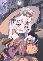  1girl 2others @_@ absurdres adapted_costume alternate_hairstyle bare_shoulders black_hat black_kimono candy center-flap_bangs chocolate chocolate_bar commentary_request cowboy_shot embarrassed fang food gradient_hair grey_hair hair_between_horns halloween halloween_bucket halloween_costume happy_halloween hat highres holding holding_halloween_bucket hololive horns japanese_clothes kimono kyouwashi long_hair multicolored_hair multiple_others nakiri_ayame nakiri_ayame_(1st_costume) night off_shoulder oni orange_eyes outdoors red_hair red_kimono red_streaks sky sleeveless sleeveless_kimono solo_focus star_(sky) starry_sky streaked_hair tearing_up twintails virtual_youtuber witch_hat 