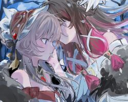  2girls bare_shoulders black_bow black_hair blue_eyes bonnet bow brown_hair closed_eyes columbina_(genshin_impact) detached_collar dress eye_mask gem genshin_impact gradient_hair hair_ribbon hand_on_another's_face hashtag-only_commentary highres kocokooo long_hair mask multicolored_hair multiple_girls profile purple_hair red_gem ribbon sandrone_(genshin_impact) sketch two-tone_hair upper_body white_dress white_ribbon 