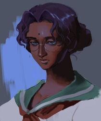  1girl absurdres aqua_sailor_collar bindi black_hair closed_mouth commentary dark-skinned_female dark_skin glasses grey_background highres himemiya_anthy neckerchief ootori_gakuen_school_uniform portrait red_neckerchief sailor_collar school_uniform shirt shoujo_kakumei_utena solo white_shirt xrnoodle 