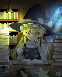  1girl absurdres black_hat black_vest blonde_hair book bookshelf bow braid closed_mouth commentary curtains ddok eraser green_bow hair_bow hat hat_bow highres indoors jar kirisame_marisa long_hair mushroom paper puffy_short_sleeves puffy_sleeves short_sleeves side_braid single_braid solo star_(symbol) touhou upper_body vest window witch_hat writing yellow_eyes 