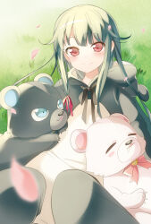  029 1girl animal animal_costume animal_ears animal_hood bear bear_costume bear_hood blue_eyes blush closed_mouth cosplay day green_hair hair_ribbon highres hood kigurumi kuma_kuma_kuma_bear kumakyuu_(kuma_kuma_kuma_bear) kumayuru_(kuma_kuma_kuma_bear) long_hair looking_at_viewer official_art outdoors petals polar_bear red_eyes ribbon sitting sleeping smile third-party_source yuna_(kuma_kuma_kuma_bear) 