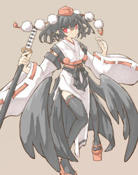  1girl black_hair black_ribbon black_skirt black_thighhighs black_wings breasts brown_background commentary_request detached_sleeves frown full_body geta hands_up hat hat_tassel highres holding holding_sword holding_weapon japanese_clothes katana kimono kourindou_tengu_costume long_sleeves medium_hair obi pom_pom_(clothes) red_eyes red_hat red_shoes ribbon ribbon-trimmed_sleeves ribbon_trim sash shameimaru_aya shoes side_slit sideways_glance skirt small_breasts solo sword tengu-geta thigh-highs tokin_hat touhou weapon white_kimono wings yamasina009 