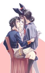  2girls animal_ears bang_dream! bang_dream!_it's_mygo!!!!! black_boots black_hair black_pantyhose blue_eyes blue_jacket blush boots braid cup doki_(oox3o) ear_blush fake_animal_ears half_up_braid heart highres holding holding_cup jacket lineart mole mole_under_eye multiple_girls pantyhose rabbit_ears shiina_taki shirt sidelocks simple_background sitting sitting_on_lap sitting_on_person violet_eyes white_background white_shirt yahata_umiri yuri 