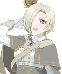  1girl absurdres arched_crown bow bowtie breasts buttons capelet collared_shirt commentary_request costume_request crown double-breasted gloves green_hair grey_bow grey_bowtie grey_capelet grey_crown grey_eyes hair_over_one_eye highres ishimochi_(daleka333) long_sleeves looking_at_viewer love_live! love_live!_nijigasaki_high_school_idol_club medium_breasts medium_hair mia_taylor mini_crown one_eye_covered shirt simple_background solo tilted_headwear upper_body white_background white_gloves white_shirt 