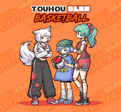  3girls alternate_hairstyle alternate_headwear animal_ears ball beanie bike_shorts black_pants black_shoes black_shorts blue_eyes blue_hair blue_shirt blue_shoes closed_mouth commentary contemporary crossed_arms doll_joints english_commentary english_text full_body green_eyes green_hair green_hat grey_hair hair_bobbles hair_ornament hat highres hood hoodie inubashiri_momiji joints kagiyama_hina kawashiro_nitori leg_warmers long_hair long_sleeves looking_at_viewer multiple_girls navel one_eye_closed orange_background oysterfried pants ponytail red_eyes red_shirt red_shoes red_shorts shirt shoes short_hair short_sleeves shorts sleeveless sleeveless_shirt sneakers sweatdrop tail touhou two_side_up white_hoodie white_leg_warmers wolf_ears wolf_girl wolf_tail 