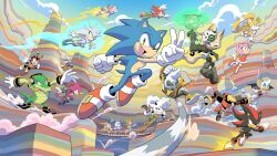  6+boys 6+girls amy_rose aura belle_the_tinkerer blaze_the_cat bridge carrying carrying_person charmy_bee commentary cream_the_rabbit e-123_omega english_commentary espio_the_chameleon floating flying jewel_the_beetle knuckles_the_echidna lanolin_the_sheep looking_at_viewer midair multiple_boys multiple_girls official_art robot rouge_the_bat running shadow_the_hedgehog silver_the_hedgehog sliding sonic_(series) sonic_the_hedgehog sonic_the_hedgehog_(idw) tails_(sonic) tangle_the_lemur tracy_yardley v vector_the_crocodile whisper_the_wolf 